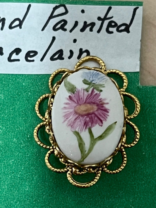 Antique Victorian Hand Painted Porcelain Floral Stick Pin Brooch