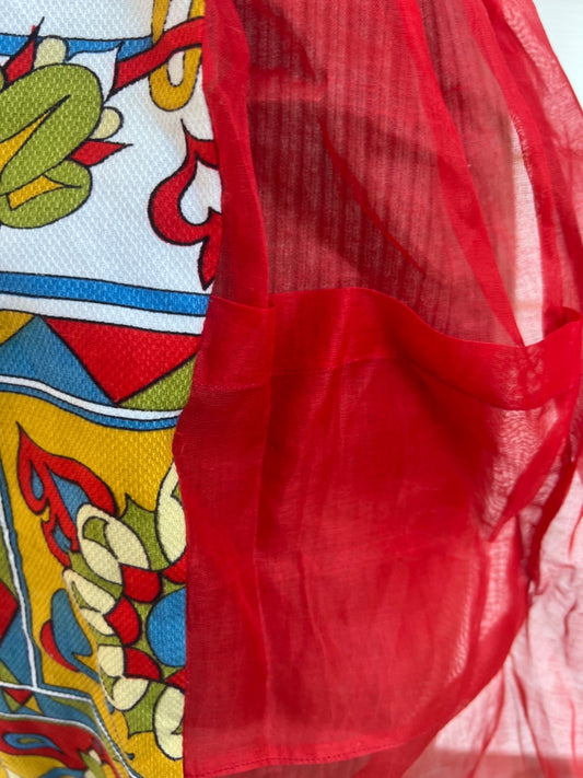 Vintage Folksy Red Organza & Linen Half Apron