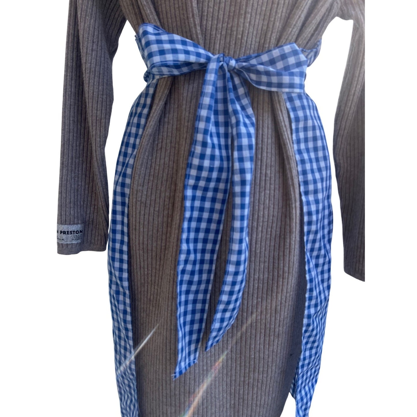 Vintage Blue Gingham Apron with pocket & Tulip Cross-stiched Needlework