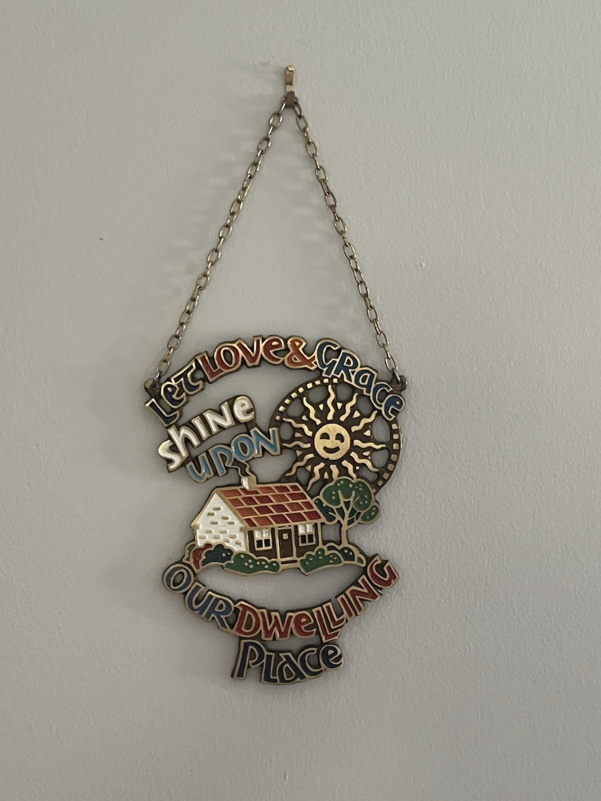 Vintage Terra Sancta Guild Brass Let Love & Grace Enamel Wall Hanging Art