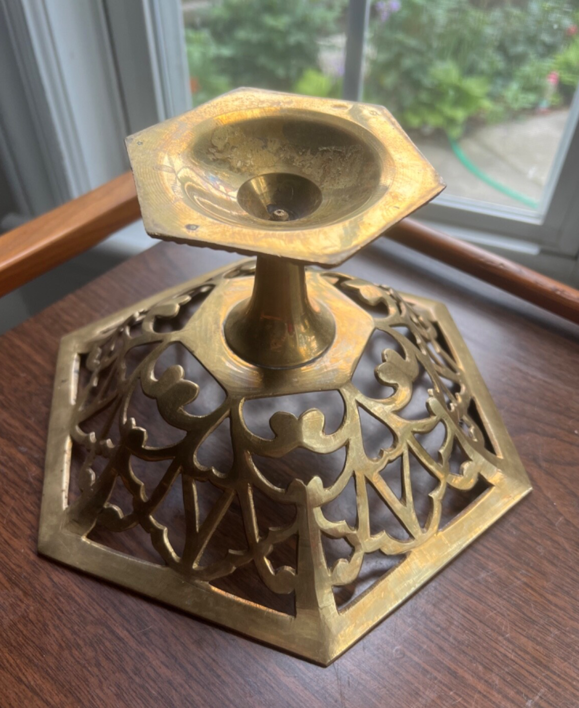 Vintage Brass Pedestal Bowl with Ornate Cut Out Design & Floral Motif 9" x 5”