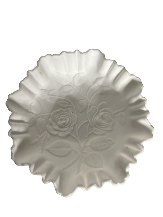 Vintage Imperial Milk Glass Bowl White Satin Roses Raised Design Crimped 9"