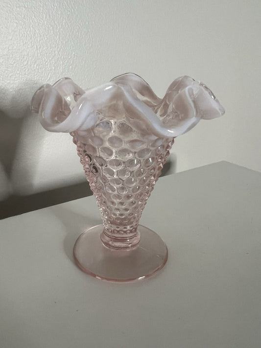 Vintage Fenton Pink Opalescent Milkglass Hobnail Ruffled Trumpet Vase 4"