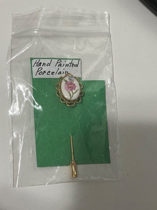 Antique Victorian Hand Painted Porcelain Floral Stick Pin Brooch