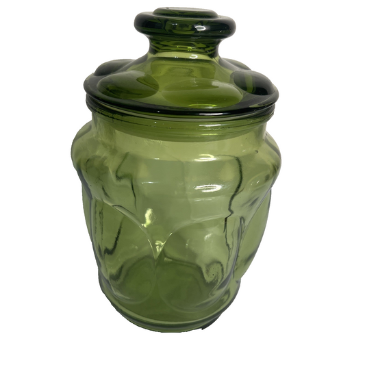Vintage L.E. Smith Avocado Green Glass Storage Apothecary Jar with Lid