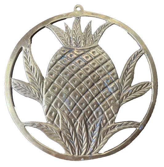Vintage Solid Brass Pineapple Trivet Pot Holder Wall Hanging Decor Footed 7” D