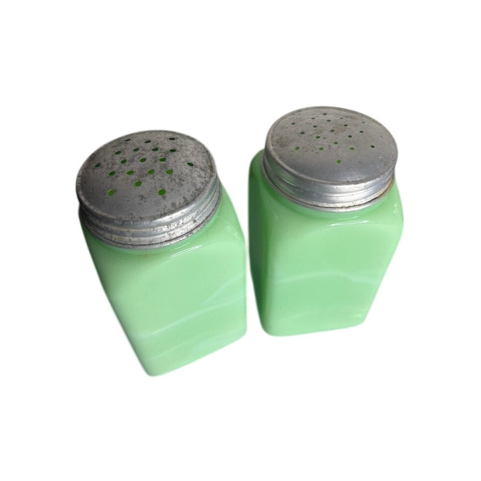 1930s McKee Uranium Jadeite Glass Salt Pepper Shakers Original Lids Vintage GLOWS