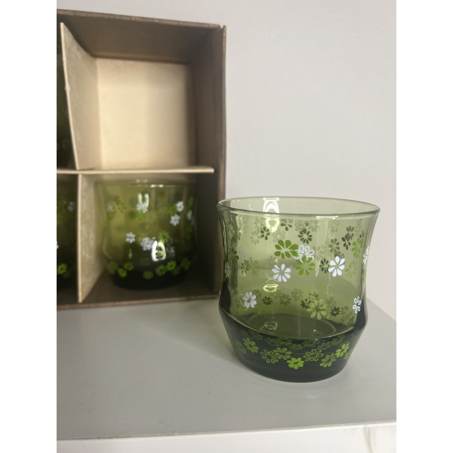 RARE NOS 8 Vintage Libbey Green Straw Flower Crazy Daisy Rocks Glasses