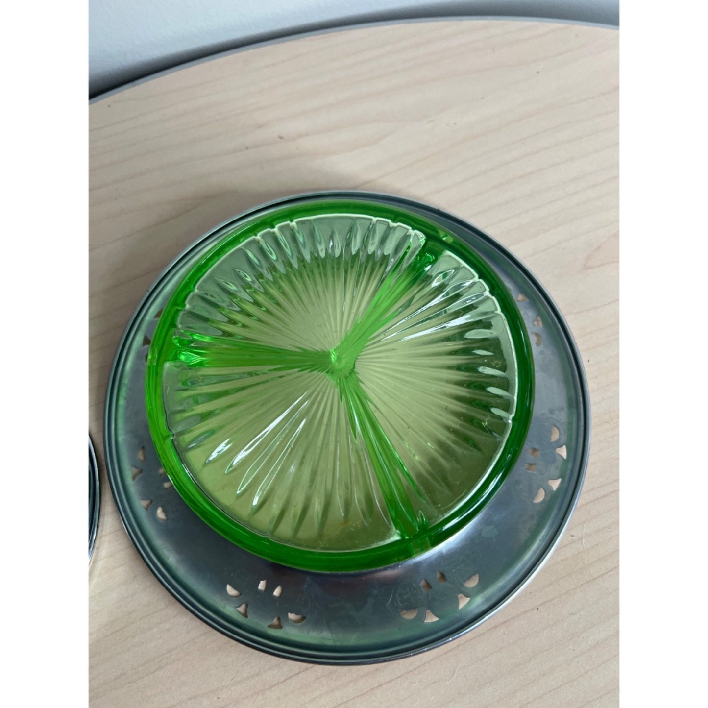 Vintage Uranium Green Vaseline Glass Divided Relish Dish w Lid Bakelite Handle