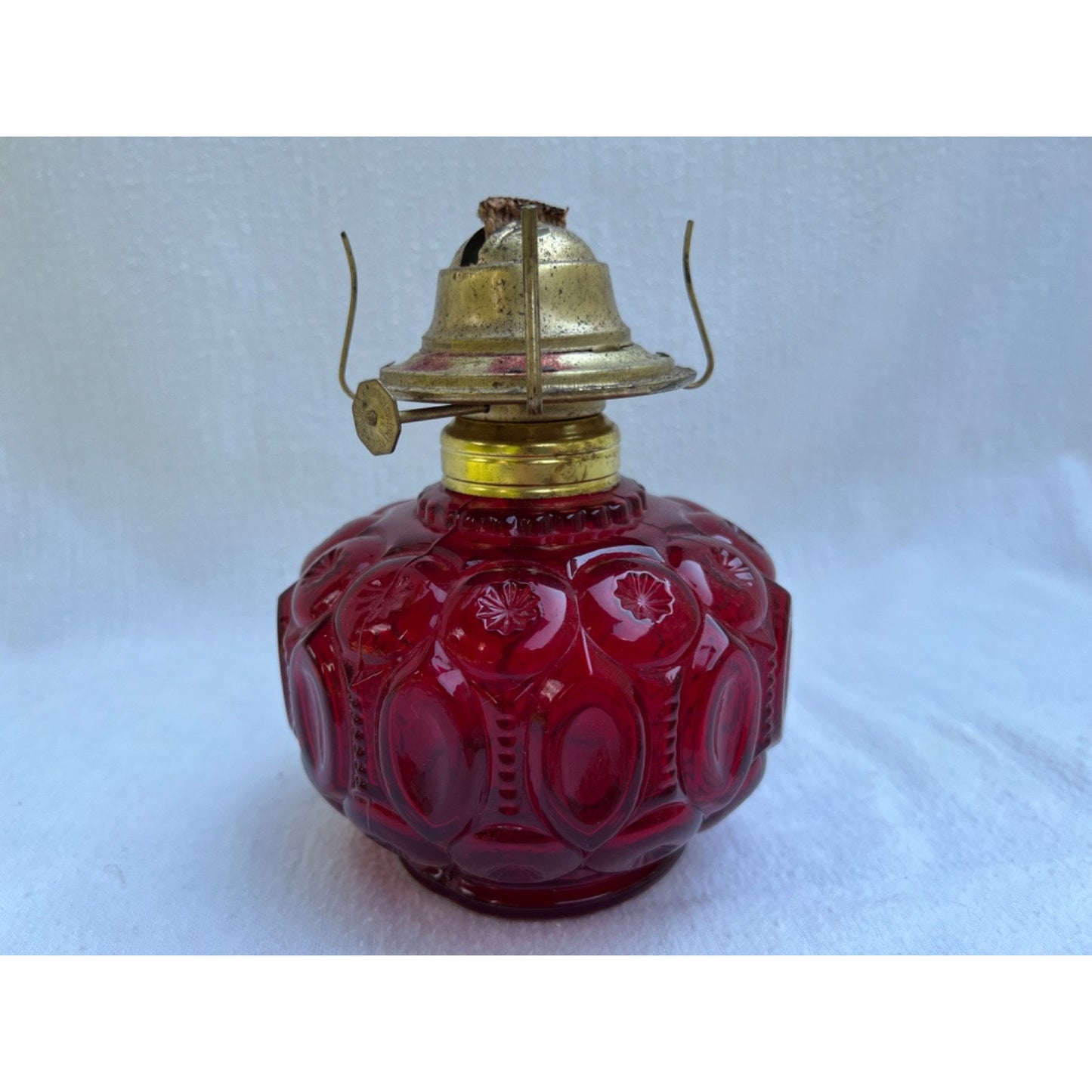 VTG L E Smith Moon Stars Cranberry Red Oil Lamp 12” Glass Victorian Gothic