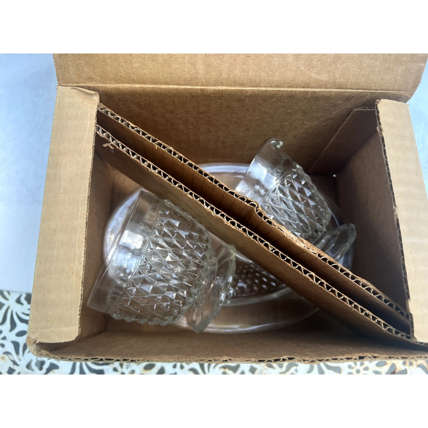 Vintage Indiana Glass Diamond Point 3 pc Sugar & Cream Tray Set w/ Original Box