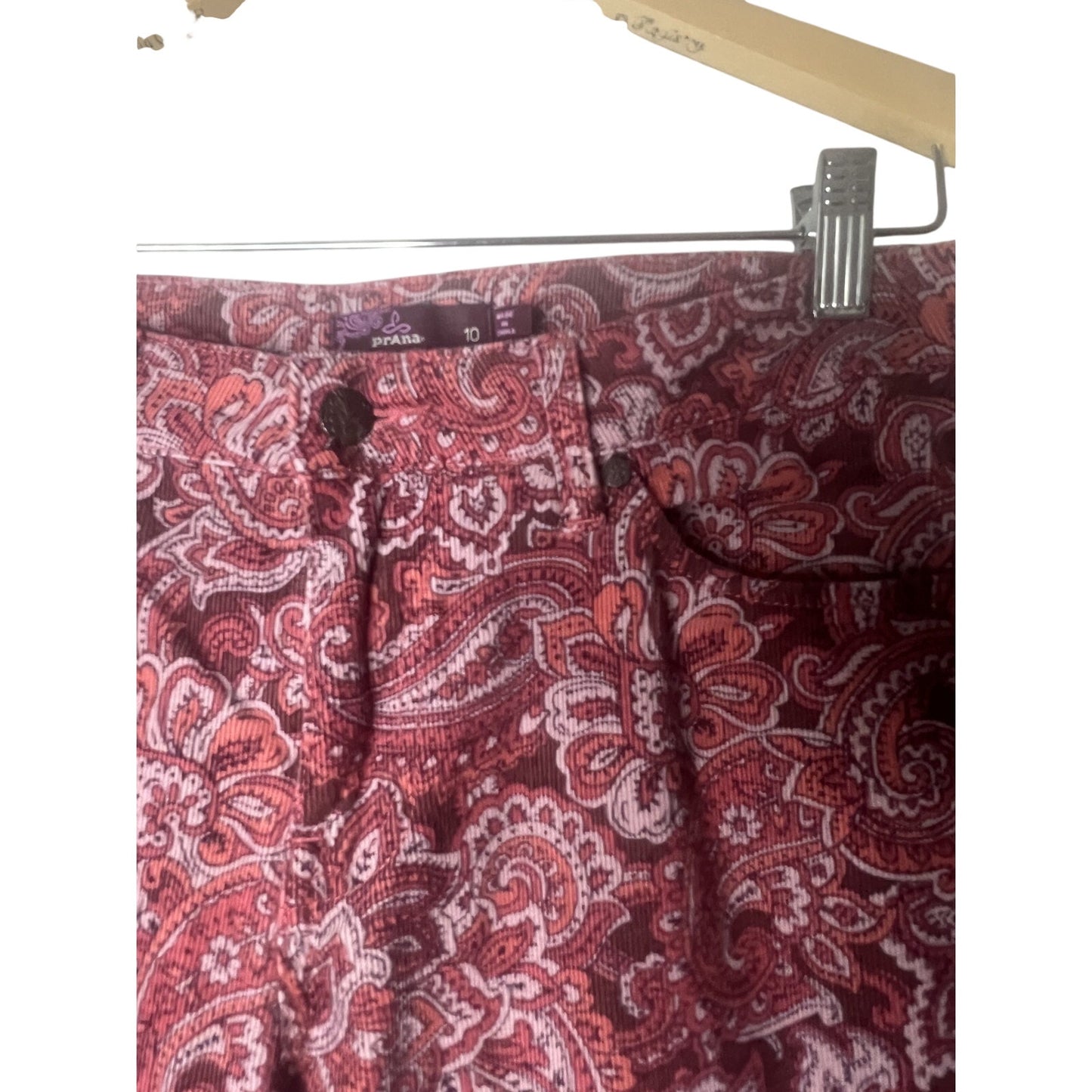 PrAna Size 10 Trinity Corduroy Low Rise Pant Women's Rhubarb Pink Paisley