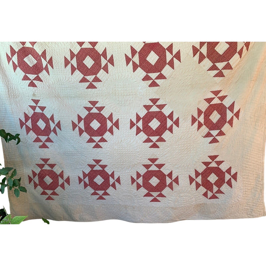 1897 Jack In The Pulpit Vintage Pink/ Red & White Quilt Stunning Hand Quilting