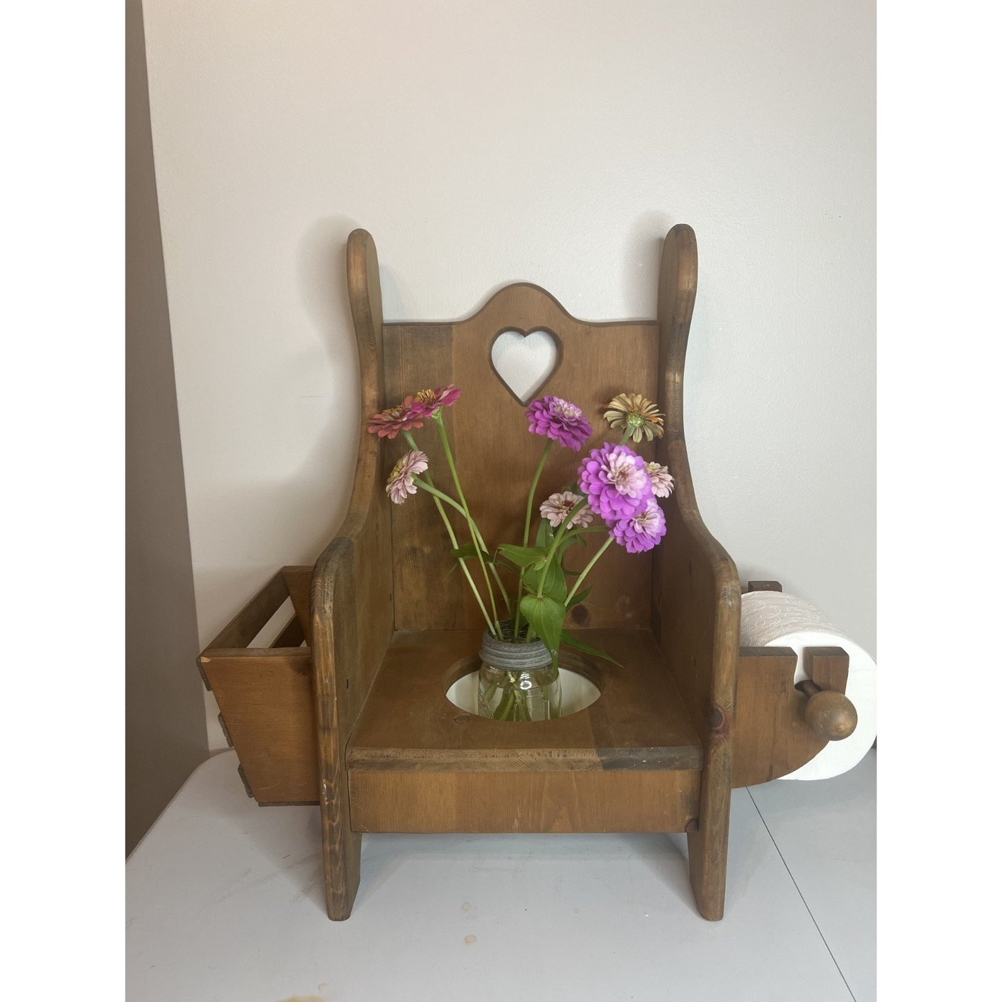 Vintage Wooden Heart Cutout Potty Training Chair Removable Bowl
