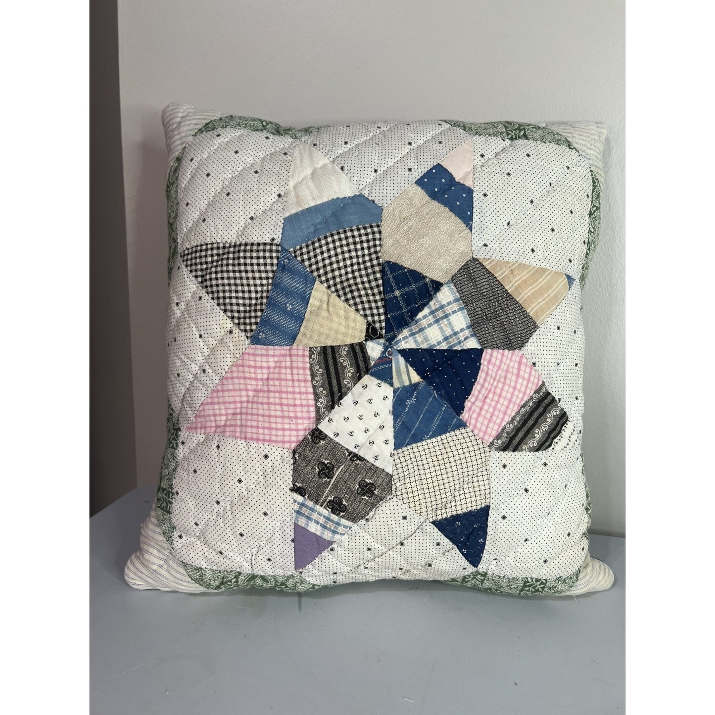 Vintage 1910 Indigo String Star & Denim Quilt Pillow Approx 16" x 16"