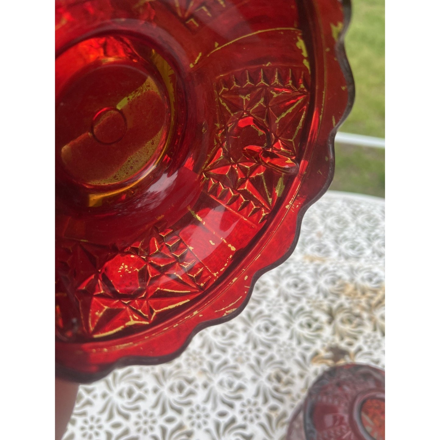 Indiana Glass Large Ruby Red Stars & Bars Fairy Lamp 6”X4” vintage