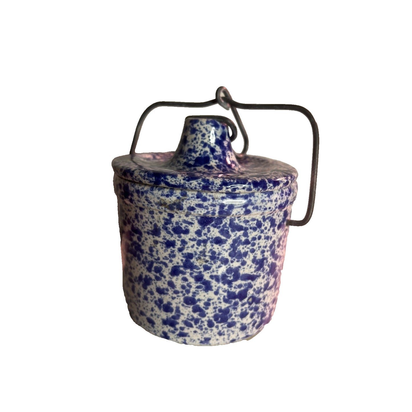Vintage Stoneware Blue Speckled Crock Wire Bale Lid Cheese Crock Pottery