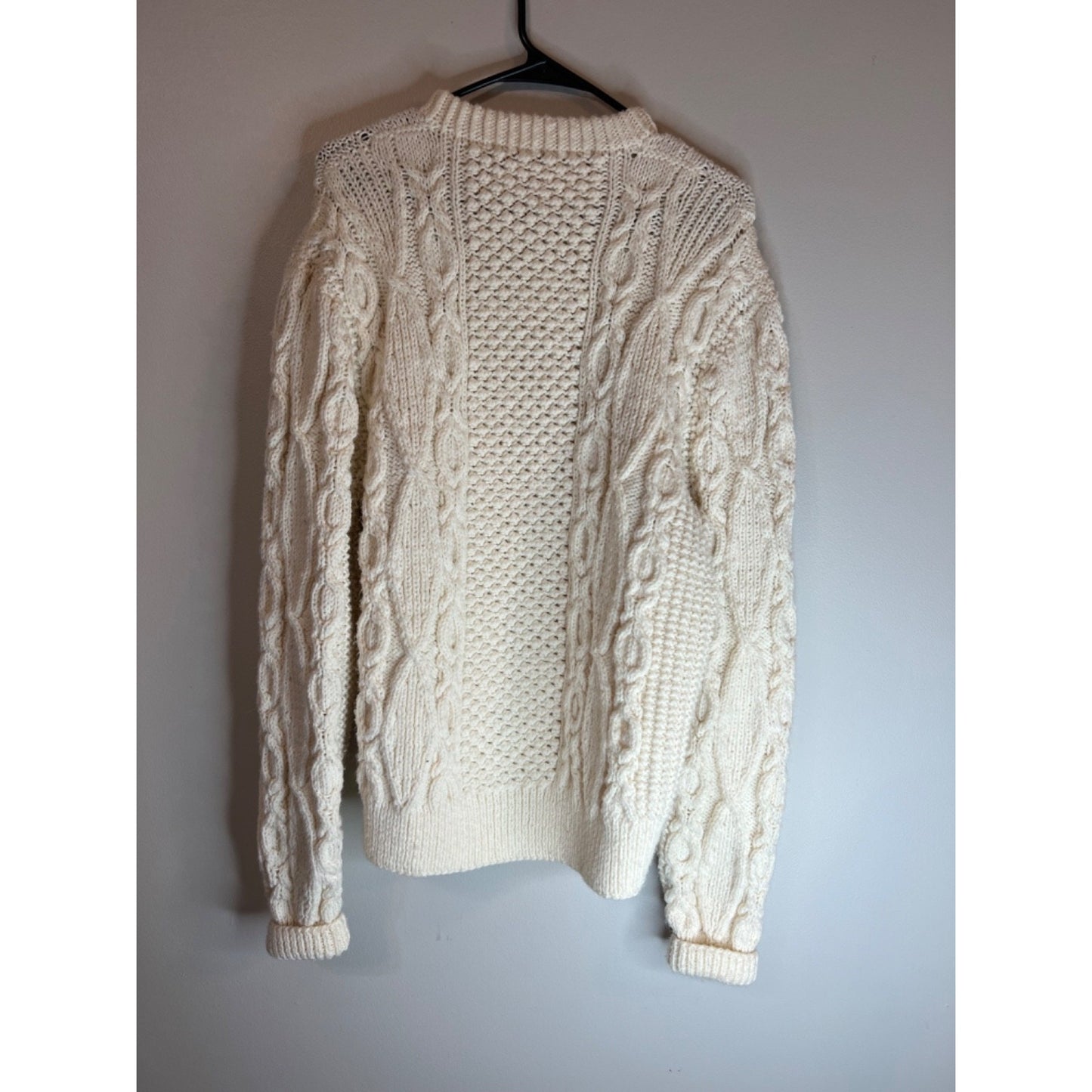 Vintage Handmade 90s Fisherman Cable Knit Wool Aran Sweater Mens size L XL Cream