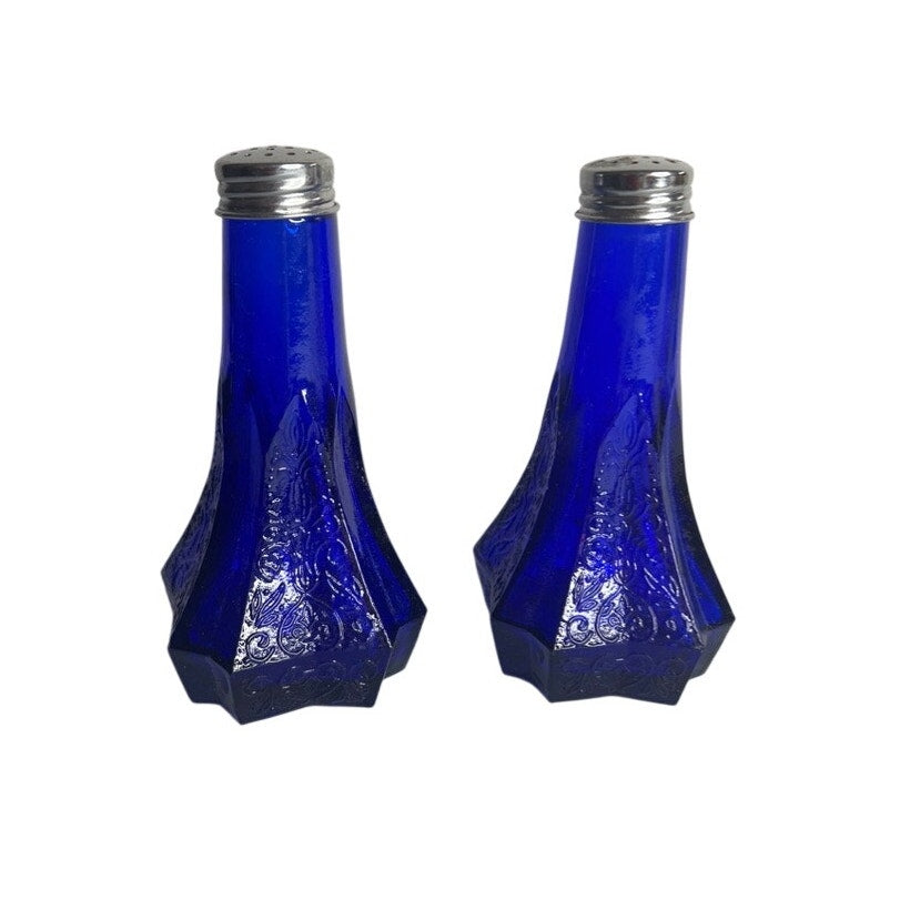 VTG Cobalt Blue Depression Glass Salt & Pepper Shakers Embossed