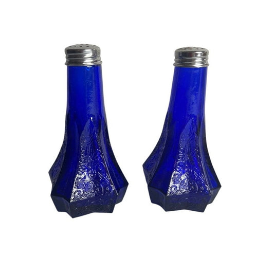 VTG Cobalt Blue Depression Glass Salt & Pepper Shakers Embossed