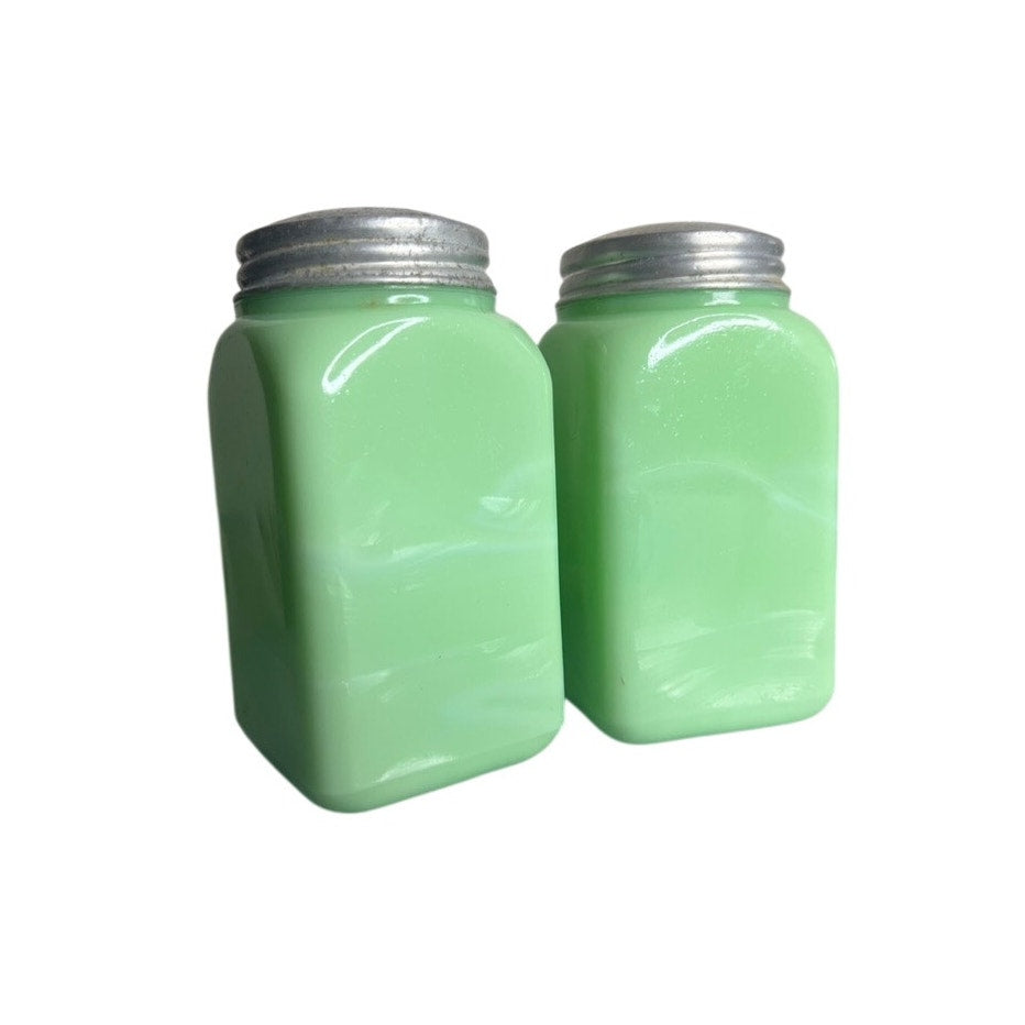 1930s McKee Uranium Jadeite Glass Salt Pepper Shakers Original Lids Vintage GLOWS