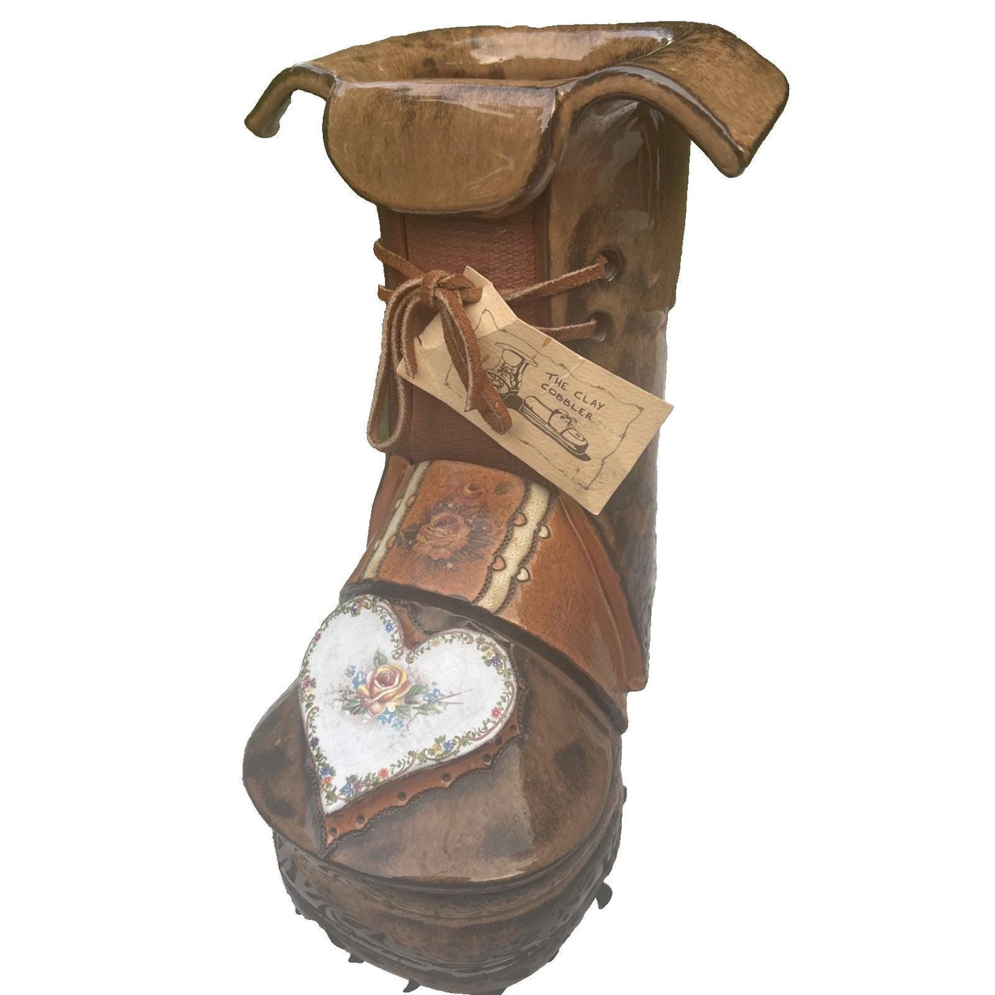 NEW Vintage 8.5" Ceramic Boot Planter, The Clay Cobbler, Brown Floral