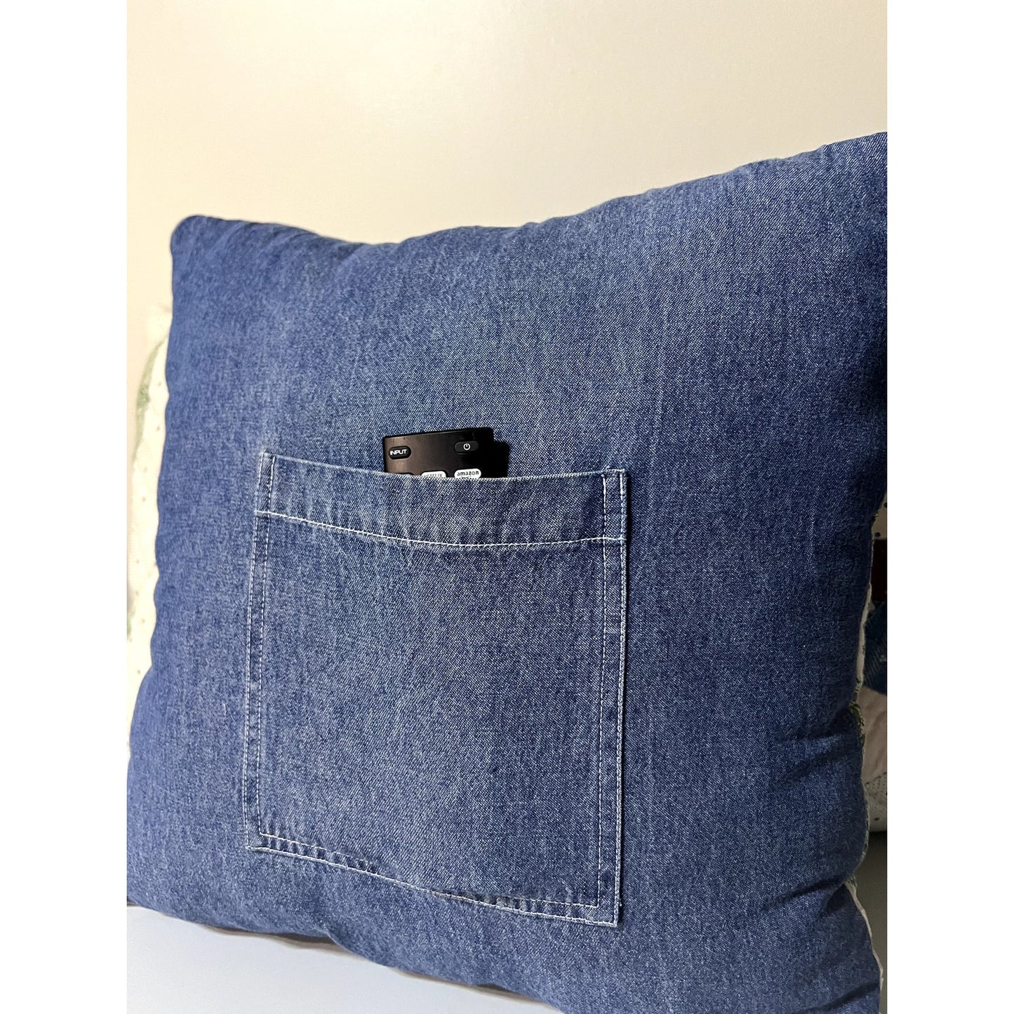 Vintage 1910 Indigo String Star & Denim Quilt Pillow w/ Remote Pocket