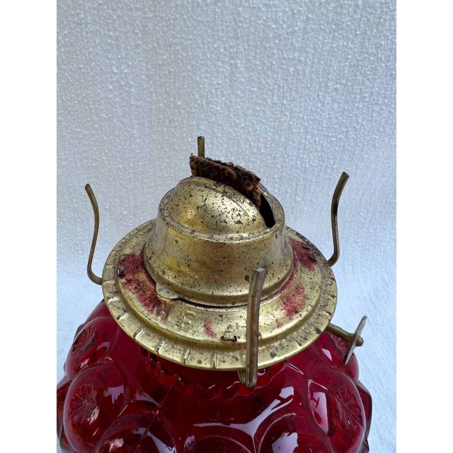 VTG L E Smith Moon Stars Cranberry Red Oil Lamp 12” Glass Victorian Gothic