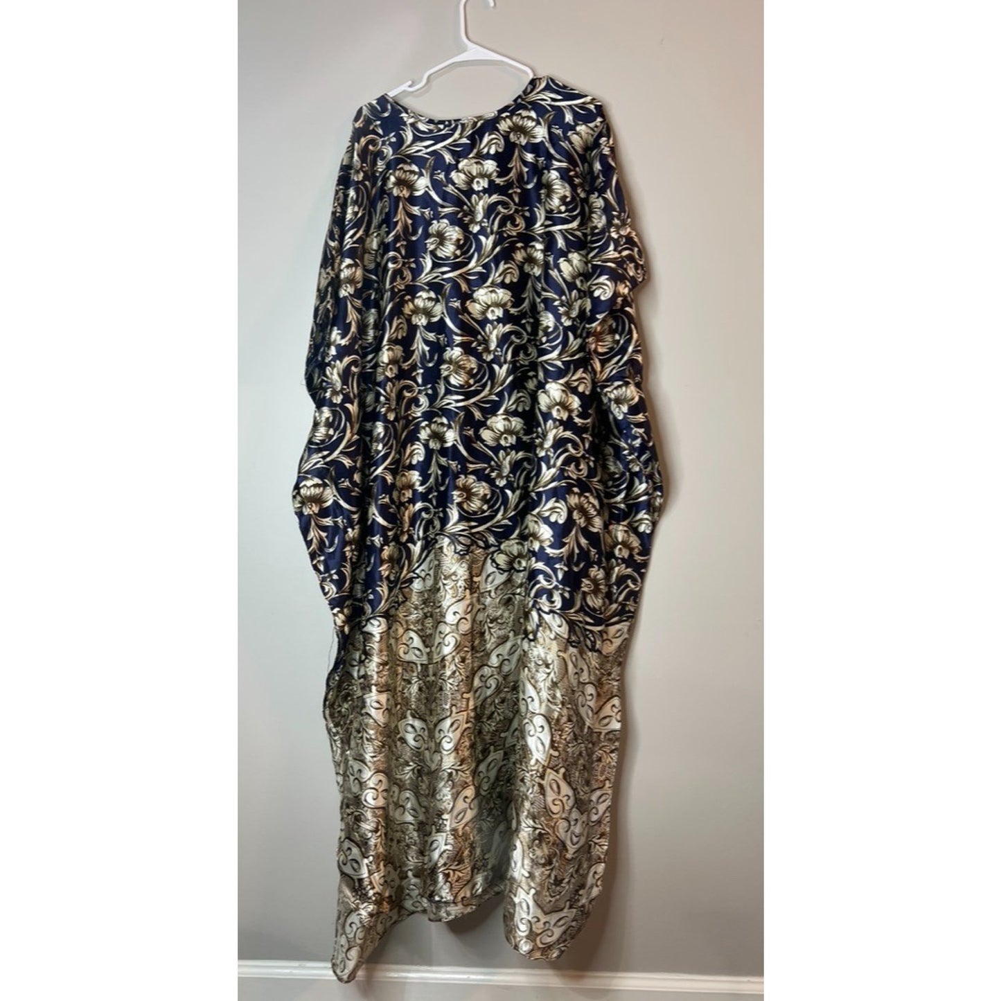 Vintage Winlar Caftan Dress One Size Blue & Gold Satin Kaftan Moo Moo MuMu