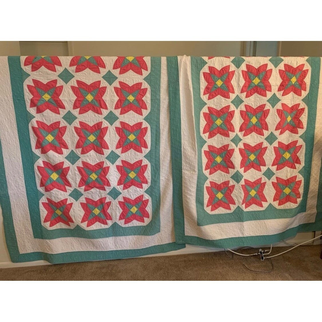 Pair Of Antique Christmas Poinsettia Quilts 1930's Hand Quilted Twin with Provenance