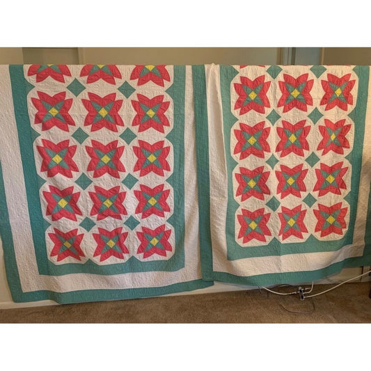 Pair Of Antique Christmas Poinsettia Quilts 1930's Hand Quilted Twin with Provenance