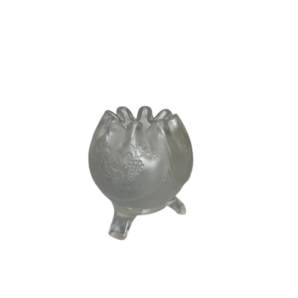 Vintage Fenton Frosted Satin Glass Footed Rose Bowl Grape Leaves Pattern