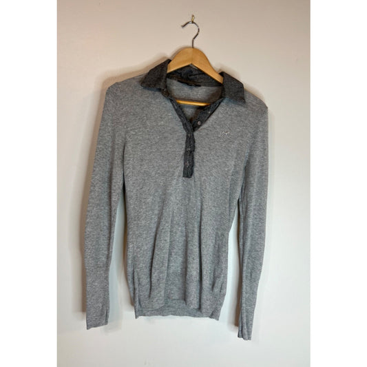 Goode Rider Large Posh Polo Sweater Grey Heather w/ button detail