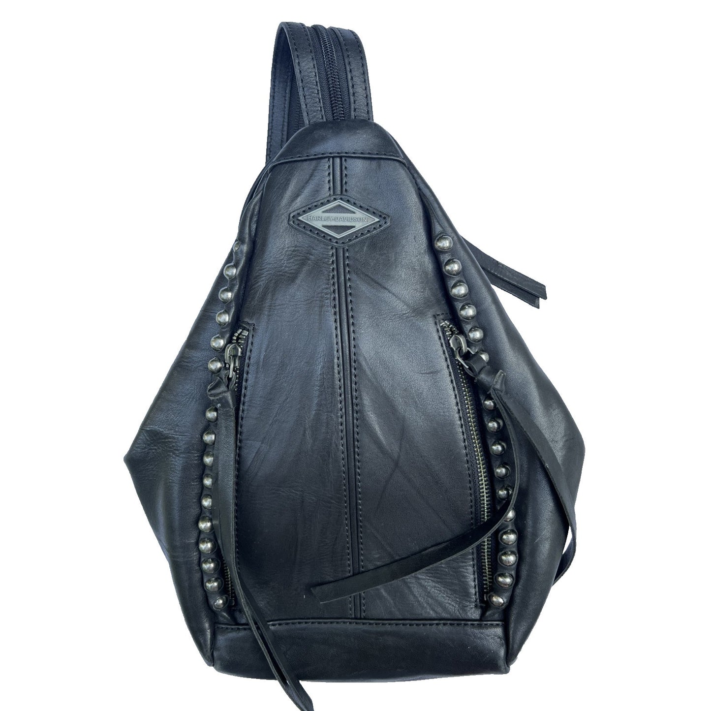 Vintage Harley Davidson Black Leather Studded Triangle Sling Backpack Bag