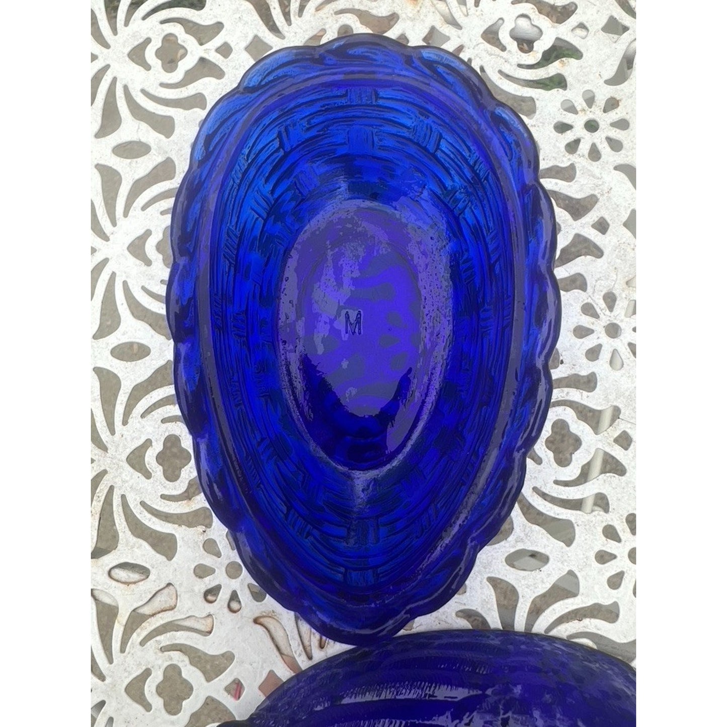 Vintage Cobalt Blue Glass Duck on Nest Woven Basket L E Smith or Westmoreland