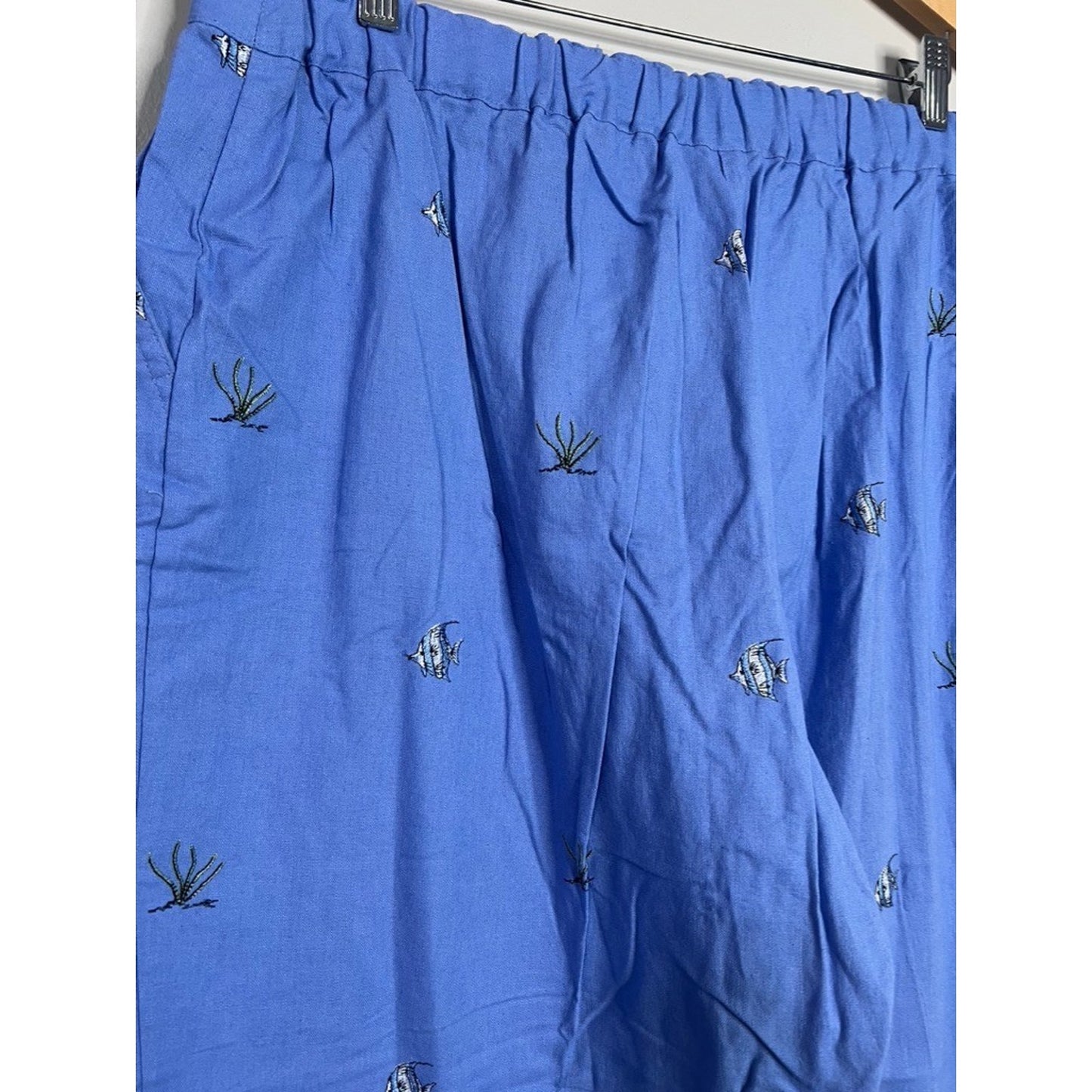 NWT XXL Sun Moda Resort Wear Blue Linen Angel Fish Embroidered Pants Cruise