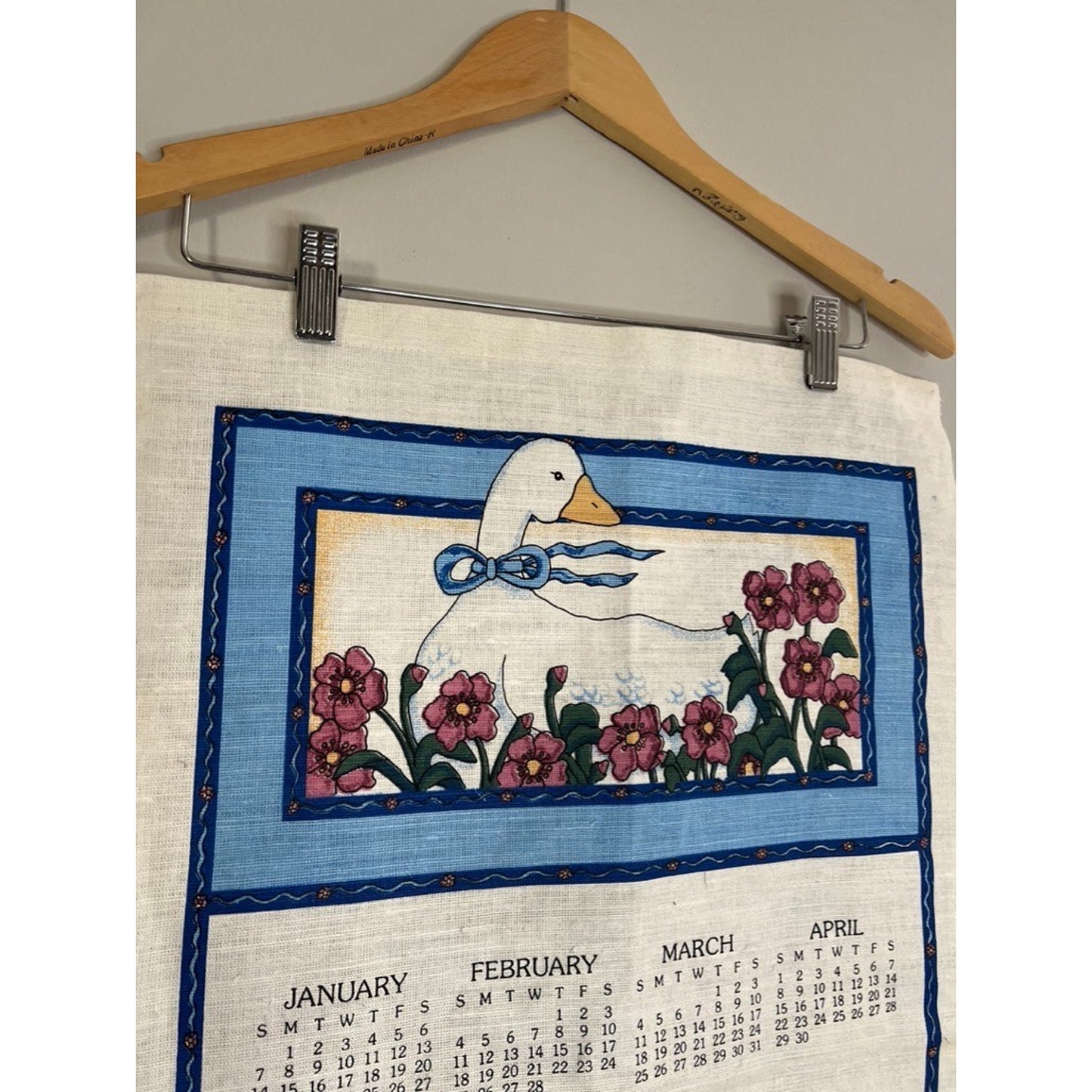 Vintage 1990 Stevens Linen Goose Calendar Tea Towel Wall Hanging