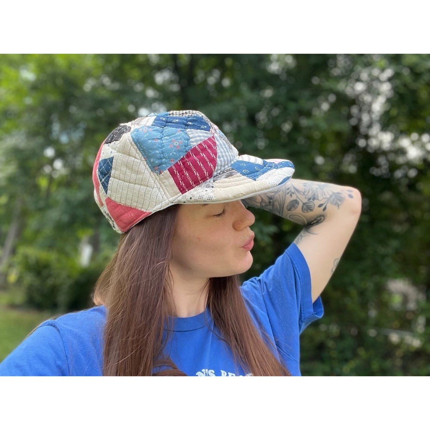 Vintage Handmade Reversible 1910 Indigo Quilt & Irish Linen Baseball Hat