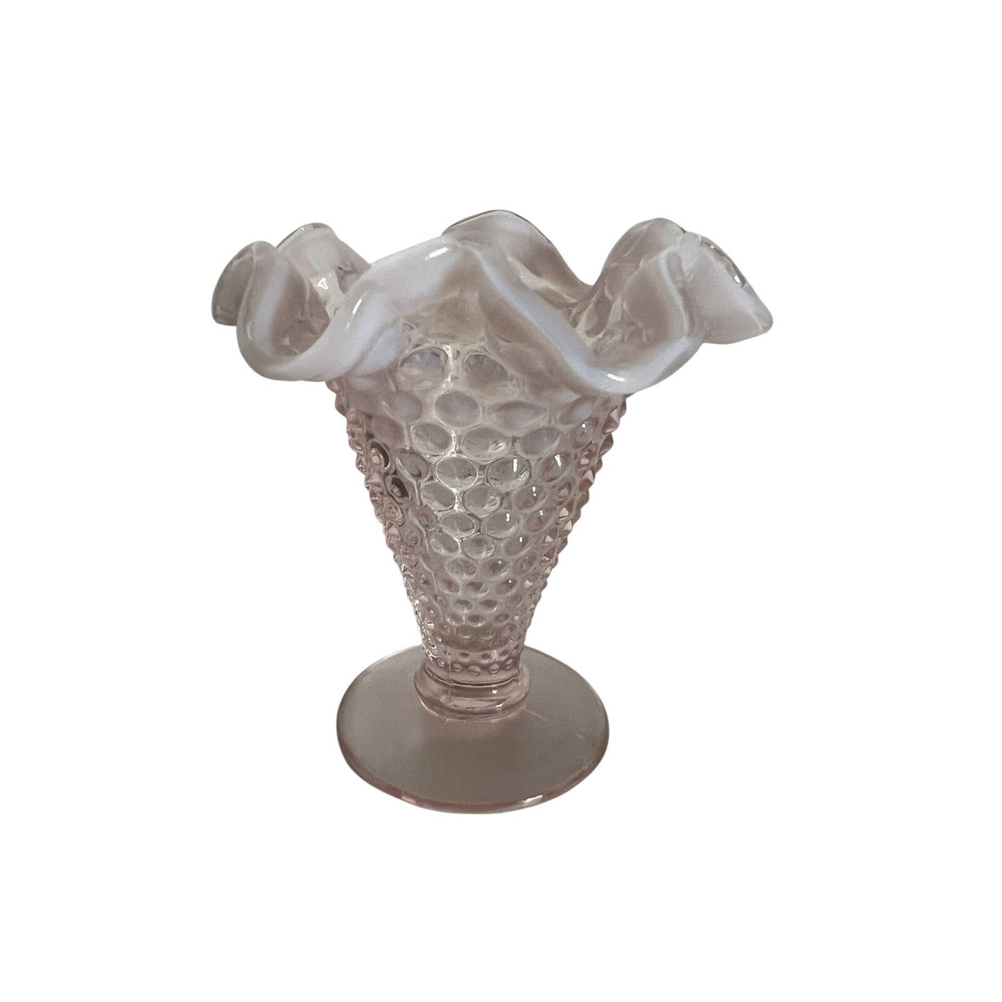 Vintage Fenton Pink Opalescent Milkglass Hobnail Ruffled Trumpet Vase 4"