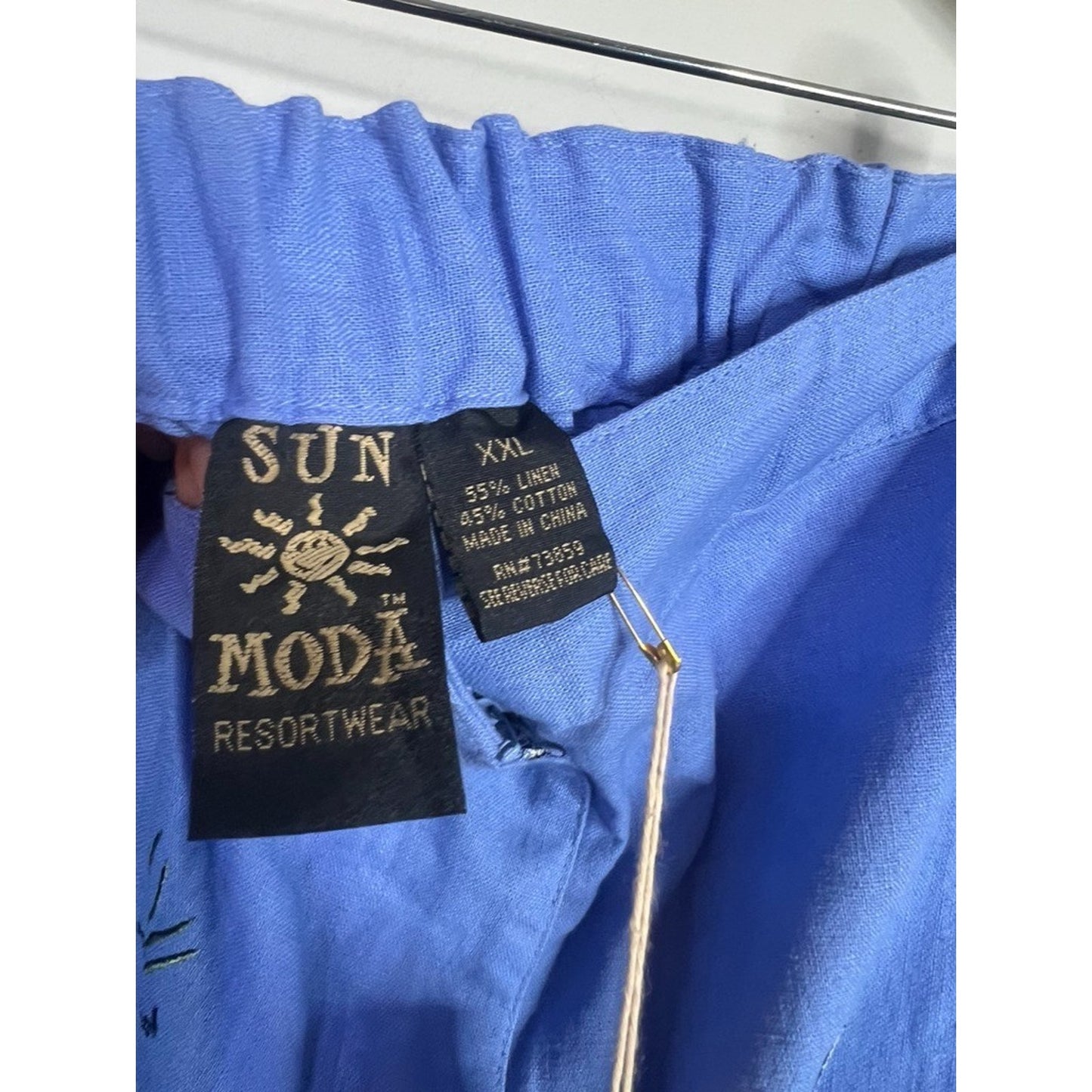 NWT XXL Sun Moda Resort Wear Blue Linen Angel Fish Embroidered Pants Cruise