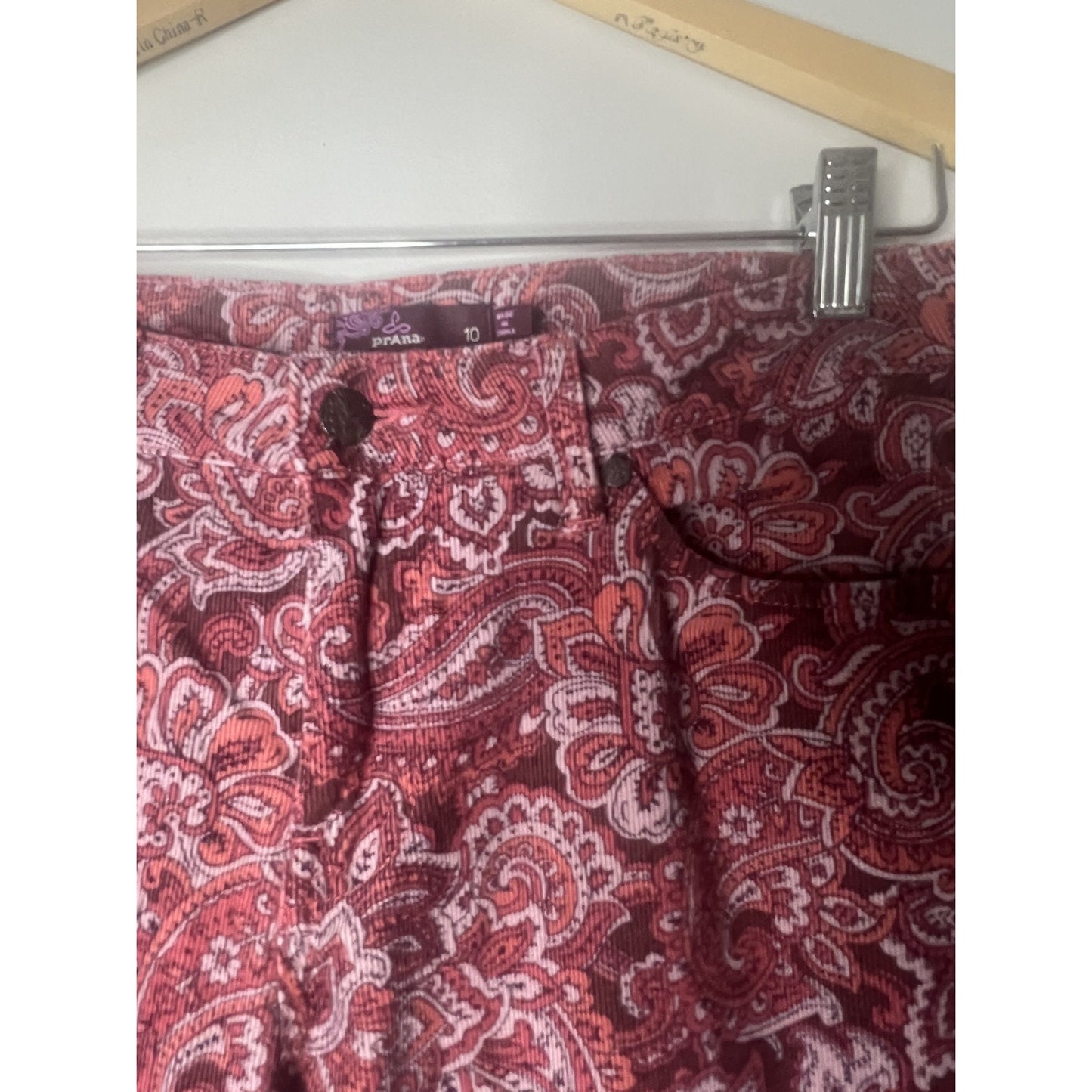 PrAna Size 10 Trinity Corduroy Low Rise Pant Women's Rhubarb Pink Paisley