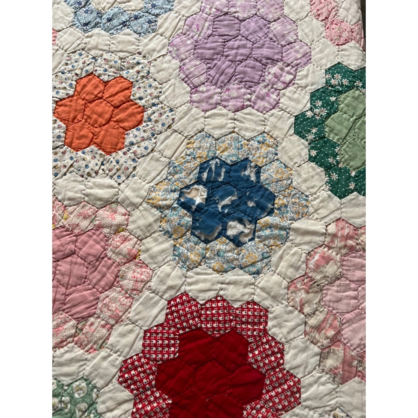1930's Grandmother's Flower Garden Antique Quilt 80x79