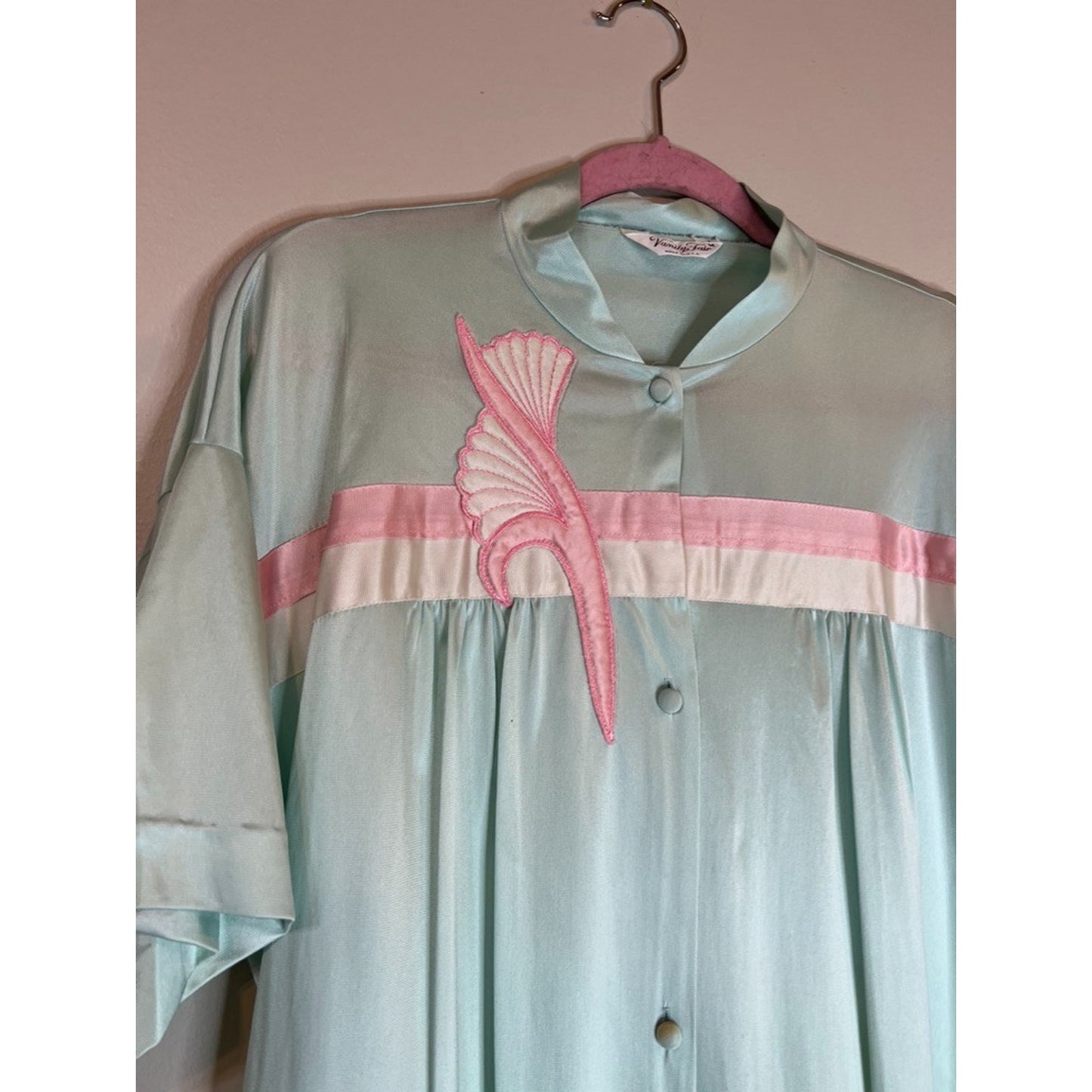 Vtg Vanity Fair Nylon Button Up Robe Short Sleeve Women Med Aqua
