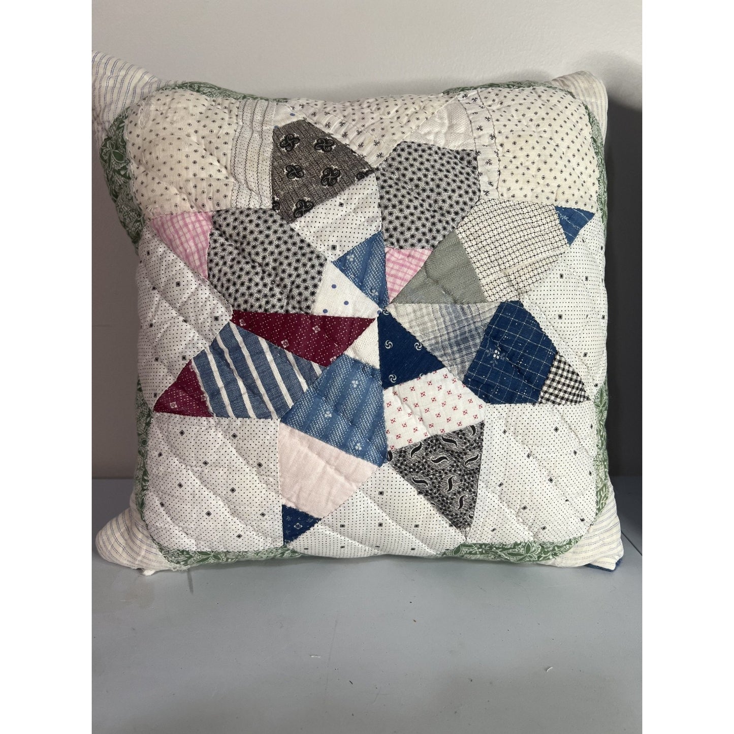 Vintage 1910 Indigo String Star & Denim Quilt Pillow Approx 16" x 16"