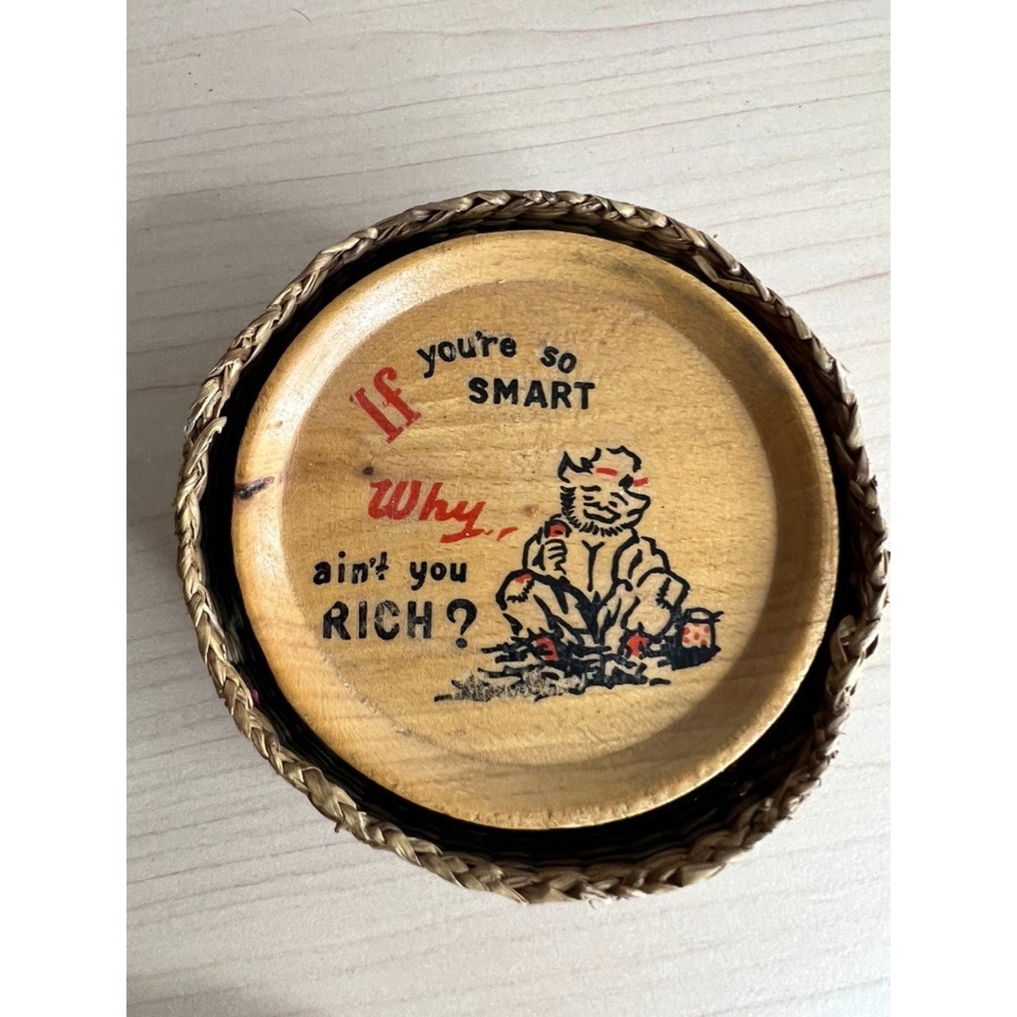 Vintage Wood Coaster Set in Basket Whimsical Hand Painted Kitsch Misogyny