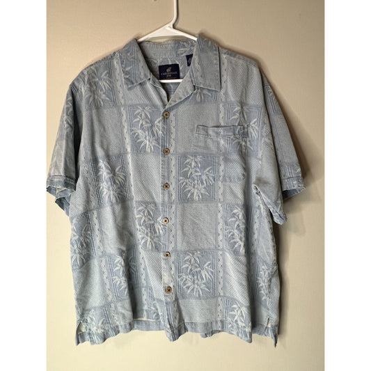 Caribbean Hawaiian Silk Button Shirt Mens L Blue Short Sleeve Asian Beach Party