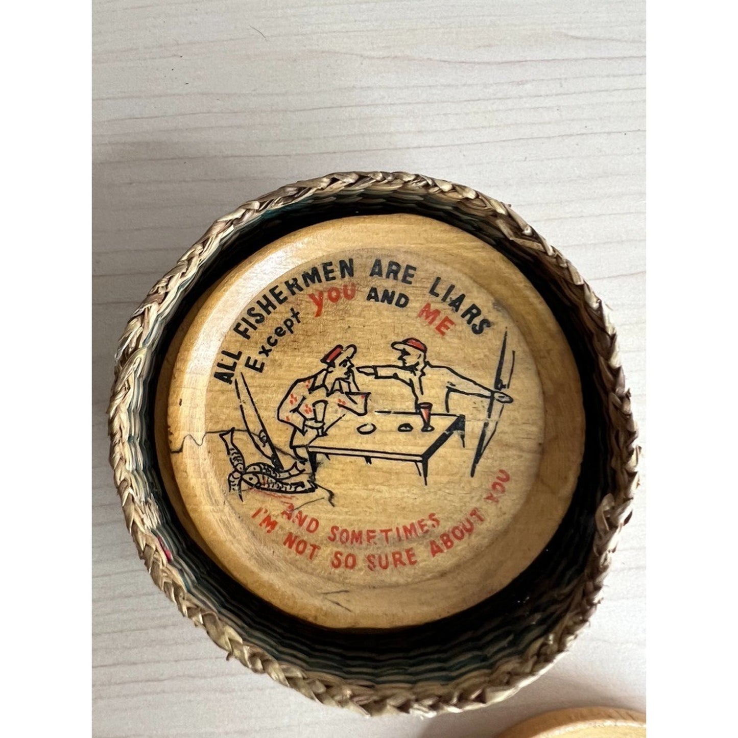 Vintage Wood Coaster Set in Basket Whimsical Hand Painted Kitsch Misogyny
