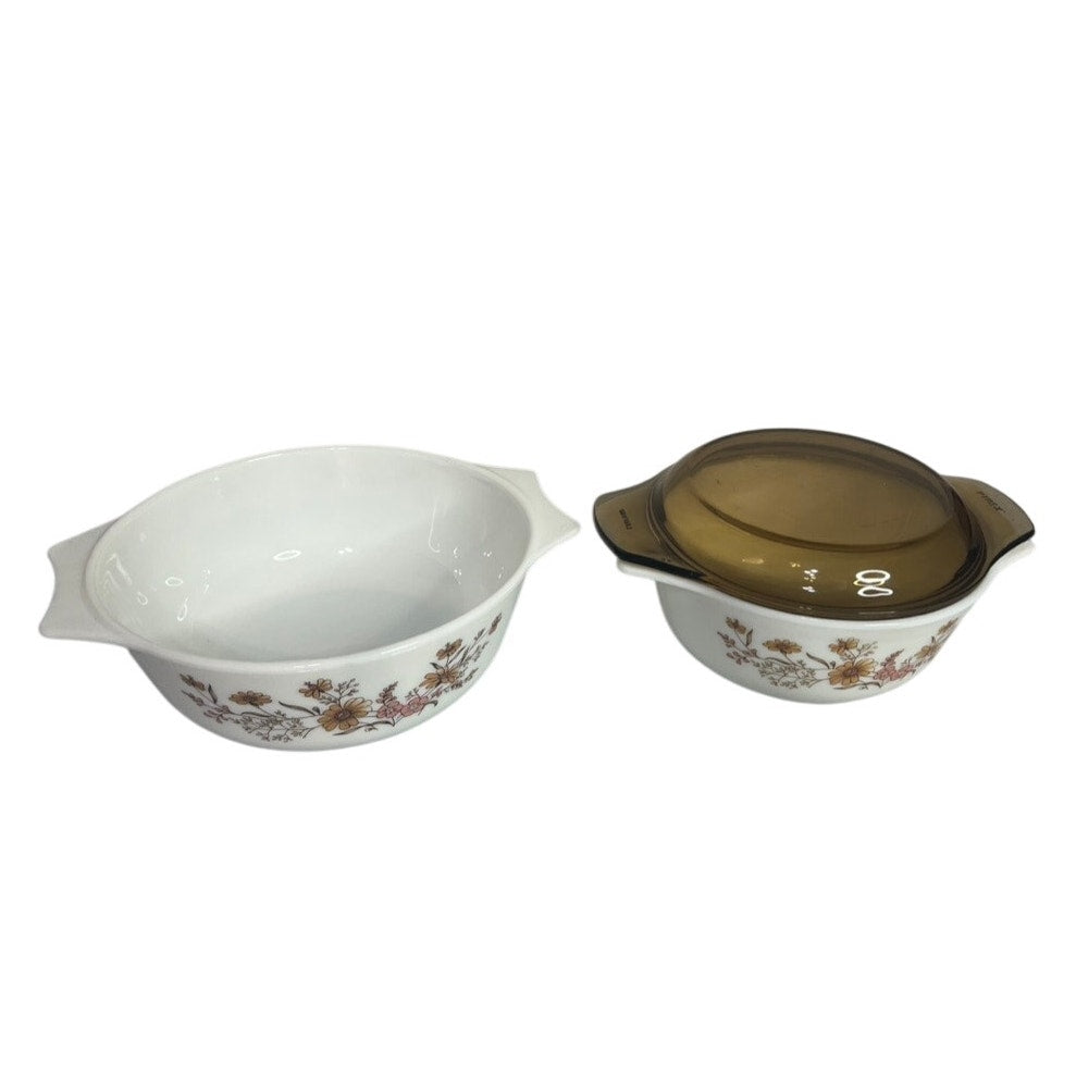 2 Rare Vintage Made In England Country Autumn Floral Pyrex Lidded Casserole Dish