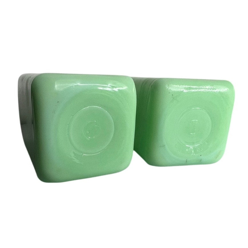 1930s McKee Uranium Jadeite Glass Salt Pepper Shakers Original Lids Vintage GLOWS