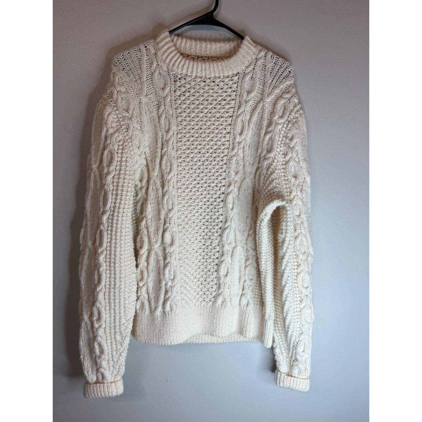Vintage Handmade 90s Fisherman Cable Knit Wool Aran Sweater Mens size L XL Cream